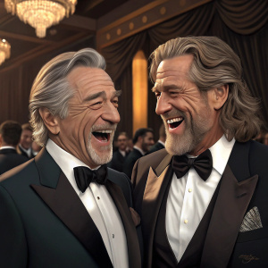 Robert De Niro and Jeff Bridges sharing a laugh at the Academy Awards ceremony. Both are dressed in tuxedos.