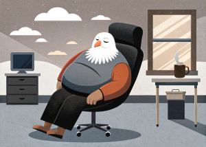 Fat man with the head of an eagle, sleeping sitting in a small office chair, office sunny day