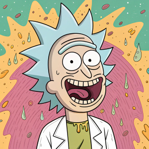Cartoon illustration of Rick Sanchez from Rick and Morty. Big, happy smile and open mouth. Dynamic and playful style, humor and surreal elements. Face surrounded by melting stuff, giving a dripping and melting impression.