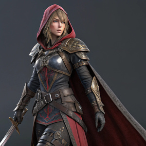 Digital illustration showcasing detailed 3D render of Aranea from Final Fantasy XV. Intricate armor, weapons, and cloaks. Dramatic pose with realistic textures and shading. Set against a dark grey backdrop.