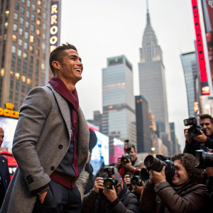 Cristiano Ronaldo, beaming, surrounded by paparazzi in Times Square