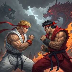 Digital artwork featuring Ryu and Ken from Street Fighter II. They are in a fierce battle stance, surrounded by a detailed and vibrant demon-themed background.