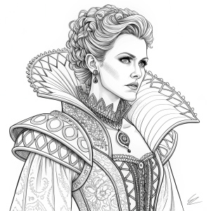 Digital illustration of Moira from Overwatch. Black and white line art. Elizabethan vampire aesthetic. Detailed bodice and gown. Intricate hairdo. Intense expression.