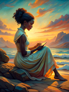 young black lady, sitting on the beach, late sunset, writing in her diary, wearing summer dress, medium-dark skin, ultra-high quality, detailed cinematic photography, 8k uhd, dslr, Sigma 200-500mm f/2.8 APO EX DG, (best quality:1.3), (masterpiece:1.1), high resolution, innocence, cinematic dreamy light, intricate details, (photorealistic)