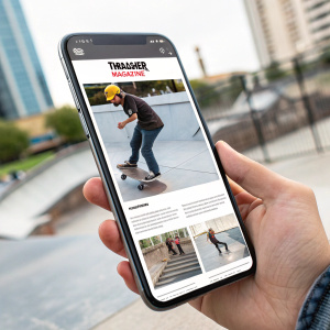 Web design mockup for Thrasher Magazine. Depicts user interface, persona sketches, and homepage blueprint.