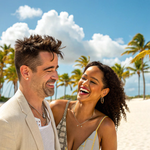 Colin Farrell and Rihanna laughing together on a bright, sunny beach. Tropical background with palm trees.
