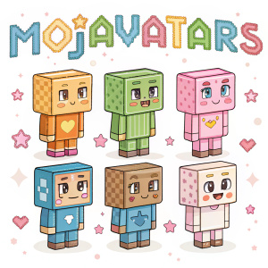 Illustration of Minecraft characters, called Mojavatars, arranged in a pixelated grid. Characters have chunky shapes and bright, pastel colors. White backdrop with whimsical text