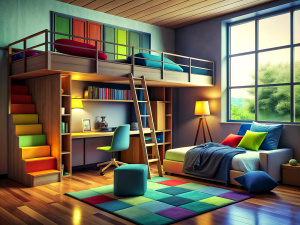 Develop a teenager's bedroom with a multifunctional loft bed, vibrant accent colors, and space-saving furniture.