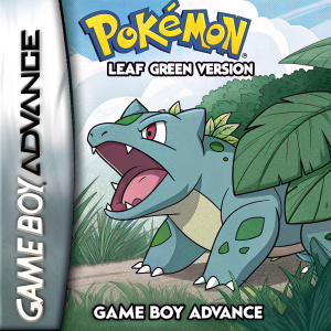 Stylized cover art for Pokemon: Leaf Green Version on Game Boy Advance. A fierce-looking Pokemon in blue and green colors. Title and brand clearly visible.