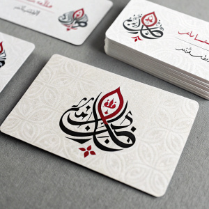A collection of business cards with elegant Arabic calligraphy. White and black design with red accents. Shot in macro. Simple gray background, textured surface.