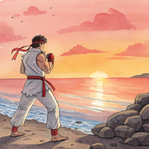 Watercolor illustration of Ryu from Street Fighter. Standing on rocky beach, sunset background