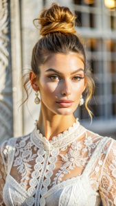 Camila Morrone, bun, laced dress