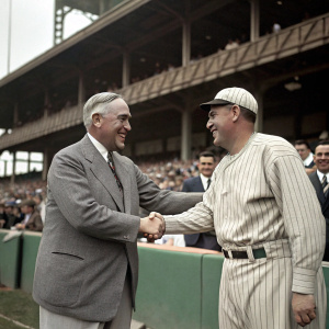 Warren G. Harding and Babe Ruth at a baseball game. They shake hands amidst a cheering crowd in a vintage stadium. Both are smiling.