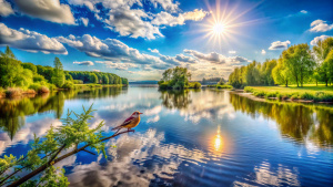 летний день, птичка над водой на ветке крупный план