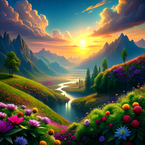 
landscape with flowers and sunrise
