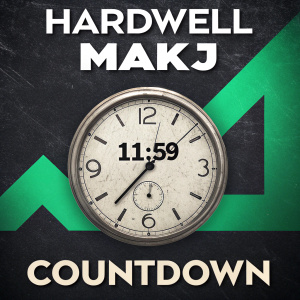 Promotional poster for Hardwell and MAKJ's 'Countdown'. Dark background. L-shaped green graphic. Analog clock face with grungy, distressed look. Time reads 11:59