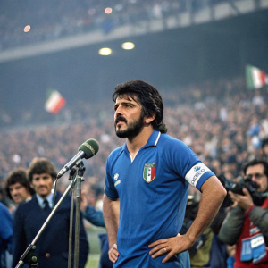Gennaro Gattuso, in blue soccer jersey, post-match interview at packed stadium.