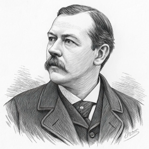 Sketch of Sir Arthur Conan Doyle, author of Sherlock Holmes stories, created on October 1892. Depicts his sharp features and moustache, showing a sense of determination.
