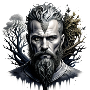 Wikinger mit zwei Gesichtern baum yggdrasil – and weapons high-definition design grey and black, realistic tattoo design, white background