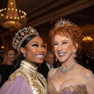 Nicki Minaj and Kathy Griffin, adorned in regal attire, grinning with joy. Surrounded by crowd at gala event.