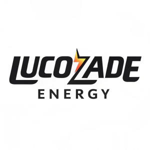Modern sleek logo for Lucozade Energy. Dynamic sans-serif lettering with abstract symbol of lightning bolt. Monochromatic design in dark shade text against stark white background.