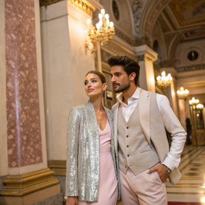 Chiara Nasti and Mariano Di Vaio attending a high-end fashion gala. Chiara is dressed in a shimmering silver sequined jacket over a pastel pink dress. Mariano sports a classic white shirt, vest, and a sleekly styled hairstyle. The venue is lavishly decorated with gold and marble accents.