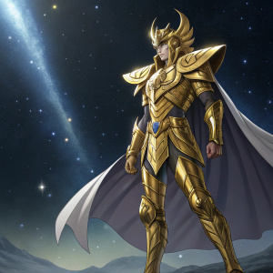 Shaka de Virgem, clad in elaborate golden armor with intricate designs and a distinctive helmet. The character, from Saint Seiya, poses confidently with a flowing cape. Dark, celestial background.