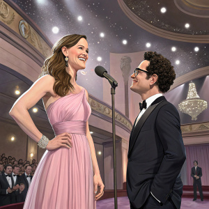Jennifer Garner and J.J. Abrams at the awards ceremony. Garner in a pastel pink dress, Abrams with curly hair.