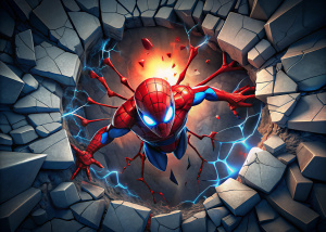 Crea una pared blanca con grietas 3d luminosas que en el centro explote la pared en  pedazos volando los pedazos al frente y formando un hueco en la pared en forma de círculo gigante donde está Spider-Man realista con medio cuerpo de spider-man saliendo hacia afuera dela pared con explosiones luminosas realistas en el  centro de la pared y el fondo del agujero iluminado por una explosión de fuego gigante 