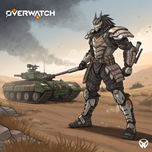 Gorgon Tank from Overwatch standing in an open battlefield. Character is depicted in a dynamic, action-oriented pose. Stylized, with angular lines and dramatic shading. Illustration showcases intricate armor, unique weaponry, and a fierce expression. Overwatch logo prominently displayed.