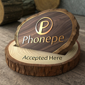 Digital illustration of a sleek golden 'PhonePe' logo, set on a rustic wooden base. The phrase 'Accepted Here' is subtly imprinted below in elegant font. The warm tones of the wood contrast beautifully with the gleaming metallic sheen of the logo.