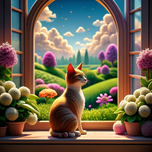 A cat looks at the view of the flowering garden from the window of the house 3d