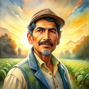 imagen realista, escena matutina en una comunidad agrícola latina, capturando el momento en que los trabajadores se preparan para comenzar su día bajo el sol naciente.