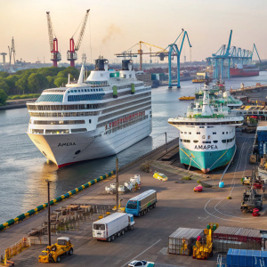 A bustling port at Emden. Two cruise ships, AMERA and AMADEA, are docked. Various cranes and port infrastructure visible. The scene is vibrant and busy.