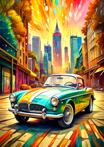   ultra detailed   car mgb in San Francisco ,background, style pop art, , style watecolor, black background,ready for print t-shirt, style art fabric, without horse, full body
