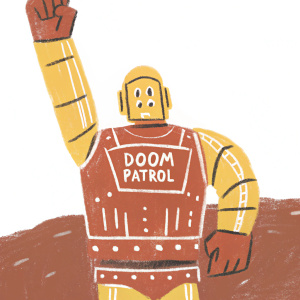 A rough sketch of a robot from the Doom Patrol series. The robot is flexing its arm with a serious look. The mechanical details are highlighted and there is text on its chest.