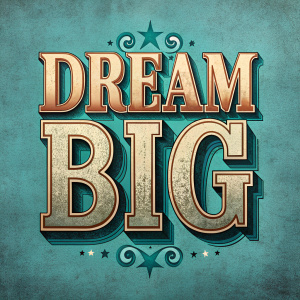 Design a typography artwork with the quote 'Dream Big,' Use a bold and dynamic font for 'Dream Big' to emphasize determination. Highlight 'cheerful and uplifting font style. Finish with in a sturdy and resilient font. Use a monochromatic color scheme with subtle variations to create a harmonious and impactful design.