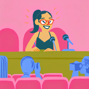 Ali Wong, cheerful asian actress, with red-framed glasses and ponytail, wears a black tank top. Press conference setting with audience in background.