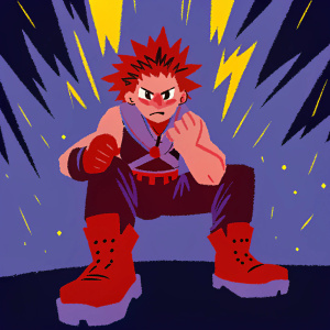 Eijiro Kirishima, from My Hero Academia, intense expression, red hair, clad in red and black attire. Set in a vibrant, digital art scene.