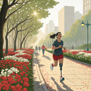 Yukako Hata sprinting through a bustling city park. Her prosthetic leg gleams under the sunlight. Vibrant red and white flowers adorn the path. The atmosphere is charged with energy and brightness.