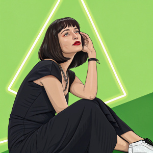 Pulp Fiction character Mia Wallace, seated casually. Dark dress, red lipstick. Neon green backdrop