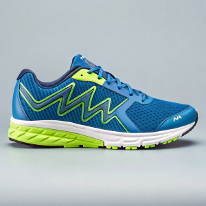 Karhu Strong 4 Fulcrum Ride Running Shoes, blue and lime green, wavy pattern side. Solid grey background. High quality running shoes, designed for performance and durability.