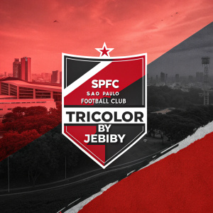 Digital artwork showcasing the SPFC São Paulo Football Club logo, set against a vibrant red and black background. Text reads 'TRICOLOR by Jebiby', highlighting the creative collaboration. Design is bold and graphic, emphasizing team identity.