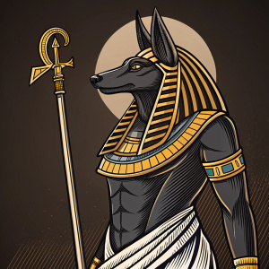 Vector illustration of Anubis, Egyptian deity. Stylized with bold outlines and intricate shading. Dark background.