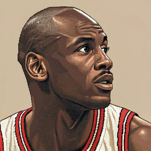 Illustration of Michael Jordan. Realistic portrayal, showcasing intricate details of his face. Pixel art style.