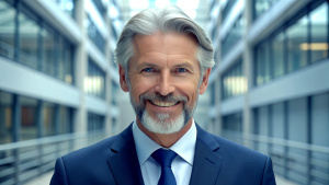 portrait of successful senior businessman consultant looking at camera and smiling inside modern office building