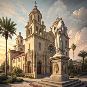 St. Augustine Cathedral in Tucson, Arizona. Gothic architecture, towering spires, detailed carvings, and a grand statue in front of the cathedral.