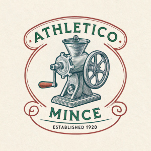 Athletico Mince vintage logo design. Retro illustration, featuring detailed machine parts and the brand name. Established year 1920. Simple, clean background.