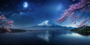 paisaje nocturno con estrellas, la luna, el  monte fuji con un lago ondulante y ramas de cerezo 
