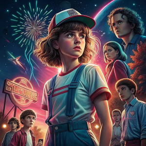 Elevated promotional artwork for Stranger Things. Character Eleven stands center stage, surrounded by familiar faces. Retro sci-fi aesthetic, vibrant color palette, iconic imagery.